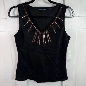 Saint Tropez West Black Sleeveless V Neck Beaded Sequin Embellished Top Size S